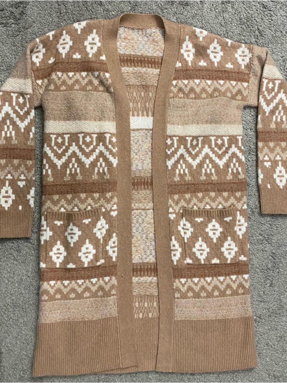 Tan and Cream Open-Front Patterned Women's Cardigan